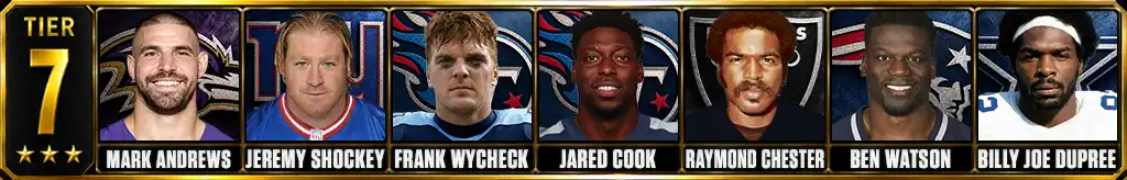 Tier 7 best tight ends of all-time featuring Mark Andrews, Jeremy Shockey, Frank Wycheck, Jared Cook, Raymond Chester, Ben Watson, and Billy Joe Dupree