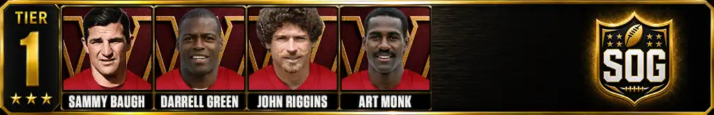 Tier 1 best Washington Commanders players of all-time featuring Sammy Baugh, Darrell Green, John Riggins, and Art Monk