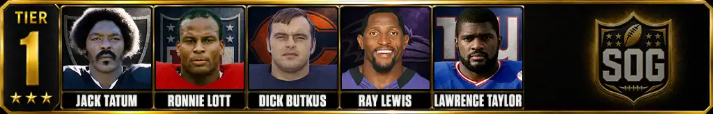 Hardest NFL hitters ever Tier 1 featuring Jack Tatum, Ronnie Lott, Dick Butkus, Ray Lewis, and Lawrence Taylor