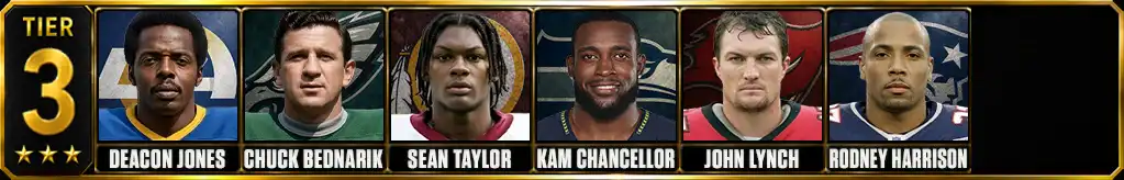 Hardest NFL hitters ever Tier 3 featuring Deacon Jones, Chuck Bednarik, Sean Taylor, Kam Chancellor, John Lynch, and Rodney Harrison