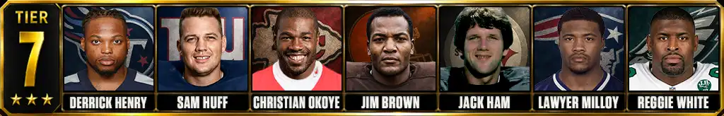 Hardest NFL hitters ever Tier 7 featuring Derrick Henry, Sam Huff, Christian Okoye, Jim Brown, Jack Ham, Lawyer Milloy, and Reggie White