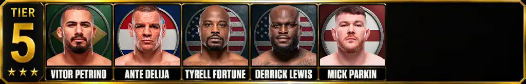 UFC heavyweight rankings Tier 5 with Vitor Petrino, Ante Delija, Tyrell Fortune, Derrick Lewis and Mick Parkin