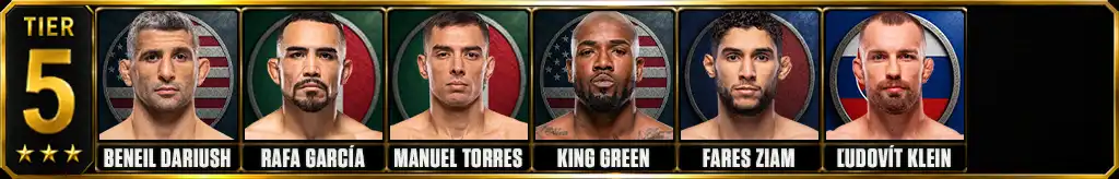 UFC lightweight rankings Tier 5 featuring Beneil Dariush, Rafa Garcia, Manuel Torres, King Green, Fares Ziam and Ludovit Klein