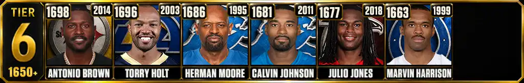 Tier 6 most receiving yards in a single season featuring Antonio Brown, Torry Holt, Herman Moore, Calvin Johnson, Julio Jones, and Marvin Harrison