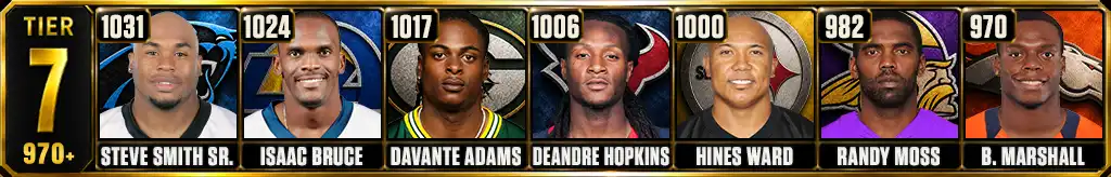 Tier 7 most receptions in NFL history featuring Steve Smith Sr., Isaac Bruce, Davante Adams, DeAndre Hopkins, Hines Ward, Randy Moss, and Brandon Marshall
