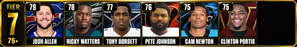 Tier 7 most rushing touchdowns in NFL history featuring Josh Allen, Ricky Watters, Tony Dorsett, Pete Johnson, Cam Newton, and Clinton Portis