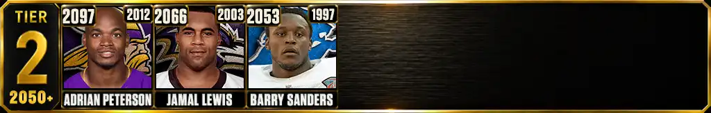 Tier 2 most rushing yards in a single season featuring Adrian Peterson, Jamal Lewis, and Barry Sanders