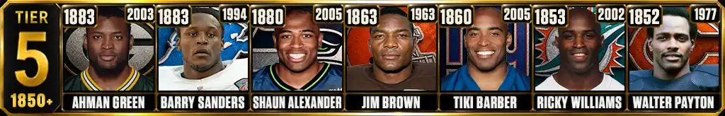 Tier 5 most rushing yards in a single season featuring Ahman Green, Barry Sanders, Shaun Alexander, Jim Brown, Tiki Barber, Ricky Williams, and Walter Payton