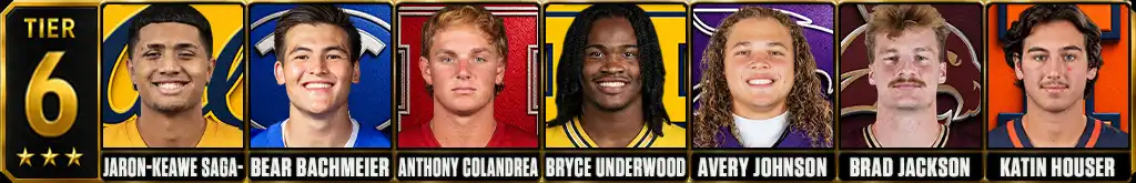 2026 college football quarterback rankings Tier 6 featuring Jaron-Keawe Sagapolutele, Bear Bachmeier, Anthony Colandrea, Bryce Underwood, Avery Johnson, Brad Jackson and Katin Houser