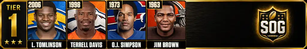 Tier 1 of the best running back seasons in NFL history with LaDainian Tomlinson, Terrell Davis, O.J. Simpson and Jim Brown