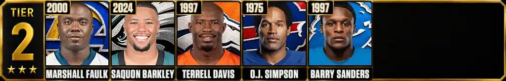 Tier 2 of the best running back seasons in NFL history with Marshall Faulk, Saquon Barkley, Terrell Davis, O.J. Simpson and Barry Sanders