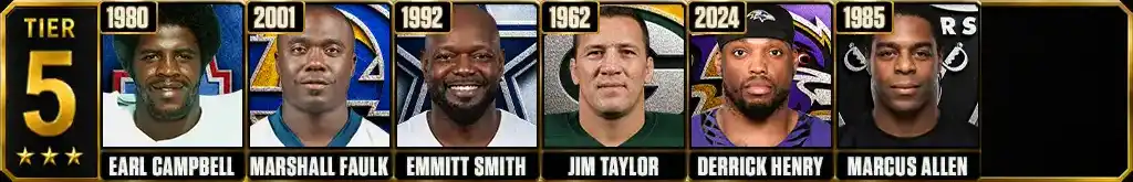 Tier 5 of the best running back seasons in NFL history with Earl Campbell, Marshall Faulk, Emmitt Smith, Jim Taylor, Derrick Henry and Marcus Allen