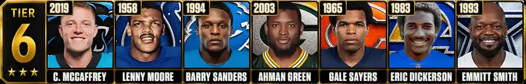 Tier 6 of the best running back seasons in NFL history with Christian McCaffrey, Lenny Moore, Barry Sanders, Ahman Green, Gale Sayers, Eric Dickerson and Emmitt Smith