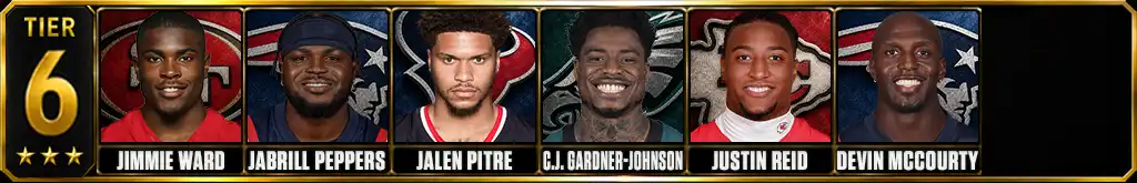 Best safeties in the NFL since 2020 Tier 6 featuring Jimmie Ward, Jabrill Peppers, Jalen Pitre, C.J. Gardner-Johnson, Justin Reid, and Devin McCourty