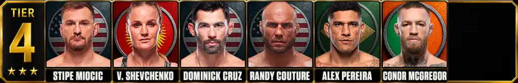 Best UFC fighters of all-time Tier 4 featuring Stipe Miocic, Valentina Shevchenko, Dominick Cruz, Randy Couture, Alex Pereira and Conor McGregor