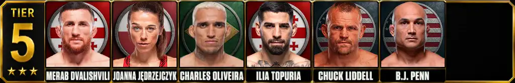 Best UFC fighters of all-time Tier 5 featuring Merab Dvalishvili, Joanna Jędrzejczyk, Charles Oliveira, Ilia Topuria, Chuck Liddell and B.J. Penn