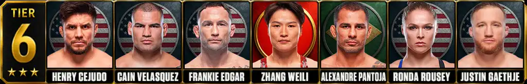 Best UFC fighters of all-time Tier 6 featuring Henry Cejudo, Cain Velasquez, Frankie Edgar, Zhang Weili, Alexandre Pantoja, Ronda Rousey and Justin Gaethje