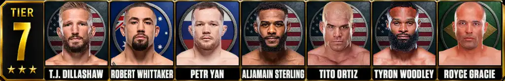 Best UFC fighters of all-time Tier 7 featuring T.J. Dillashaw, Robert Whittaker, Petr Yan, Aljamain Sterling, Tito Ortiz, Tyron Woodley and Royce Gracie