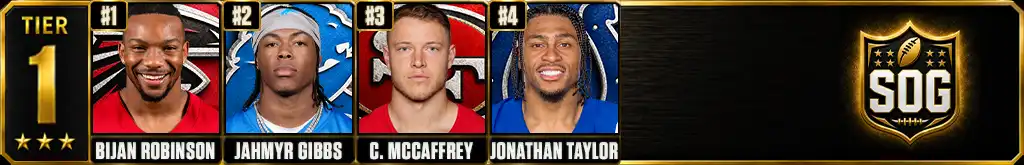 Fantasy football running back rankings Tier 1 featuring No. 1 Bijan Robinson, No. 2 Jahmyr Gibbs, No. 3 Christian McCaffrey and No. 4 Jonathan Taylor