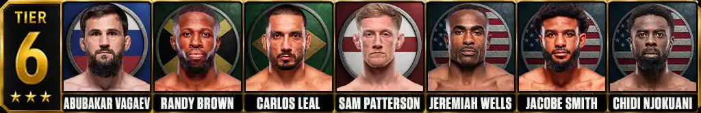 UFC welterweight rankings Tier 6 featuring Abubakar Vagaev, Randy Brown, Carlos Leal, Sam Patterson, Jeremiah Wells, Jacobe Smith and Chidi Njokuani