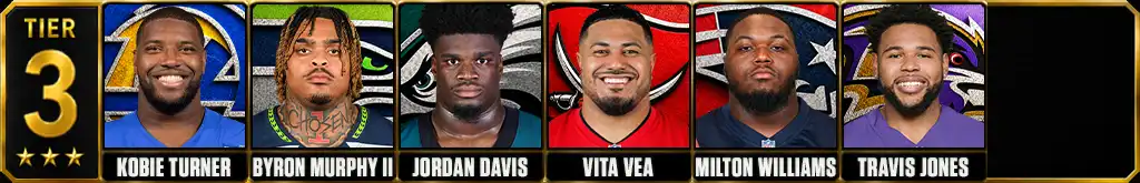 Tier 3 best NFL interior defensive linemen featuring Kobie Turner, Byron Murphy II, Jordan Davis, Vita Vea, Milton Williams and Travis Jones