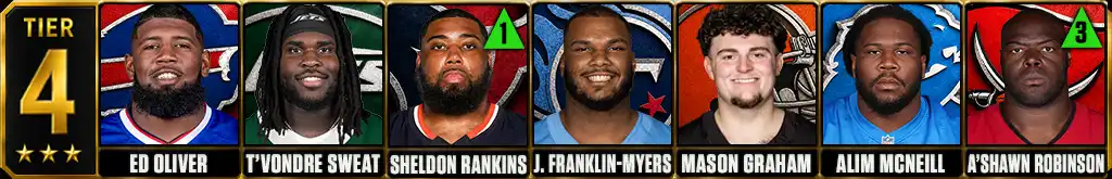 Tier 4 best NFL interior defensive linemen featuring Ed Oliver, T'Vondre Sweat, Sheldon Rankins, John Franklin-Myers, Mason Graham, Alim McNeill and A'Shawn Robinson
