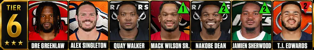 Tier 6 best NFL linebackers featuring Dre Greenlaw, Alex Singleton, Quay Walker, Mack Wilson Sr., Nakobe Dean, Jamien Sherwood and T.J. Edwards