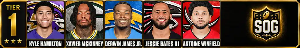 Tier 1 best NFL safeties featuring Kyle Hamilton, Xavier McKinney, Derwin James Jr., Jessie Bates III and Antoine Winfield