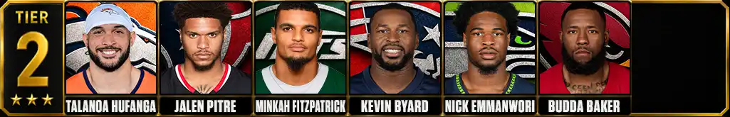 Tier 2 best NFL safeties featuring Talanoa Hufanga, Jalen Pitre, Minkah Fitzpatrick, Kevin Byard, Nick Emmanwori and Budda Baker