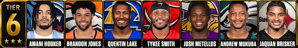 Tier 6 best NFL safeties featuring Amani Hooker, Brandon Jones, Quentin Lake, Tykee Smith, Josh Metellus, Andrew Mukuba and Jaquan Brisker