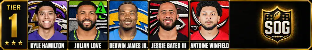 Tier 1 best NFL safeties featuring Kyle Hamilton, Julian Love, Derwin James Jr., Jessie Bates III and Antoine Winfield