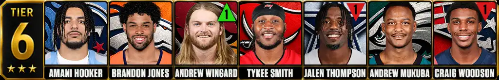 Tier 6 best NFL safeties featuring Amani Hooker, Brandon Jones, Andrew Wingard, Tykee Smith, Jalen Thompson, Andrew Mukuba and Craig Woodson