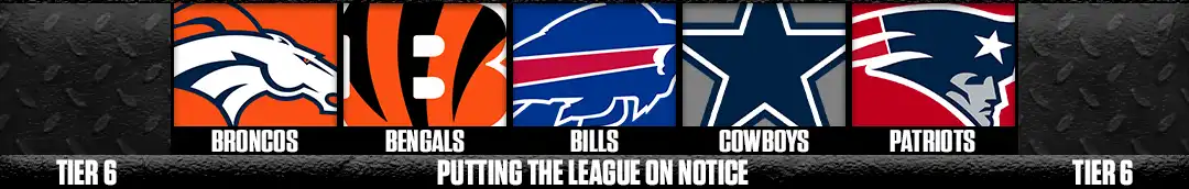 Tier 6 NFL Week 2 performance rankings featuring the Broncos, Bengals, Bills, Cowboys and Patriots